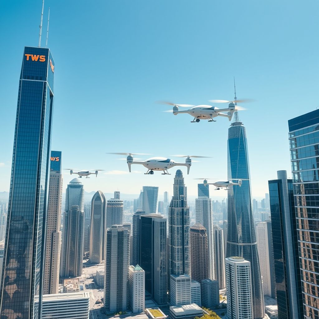 Sleek eVTOL air taxis flying between futuristic skyscrapers in a clean cityscape