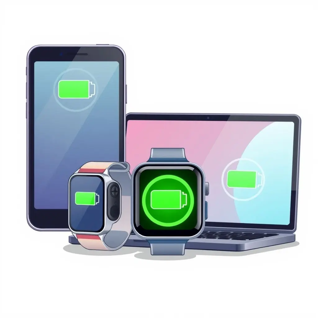 Illustration of various futuristic devices like a smartphone, watch, and laptop displaying full battery icons.