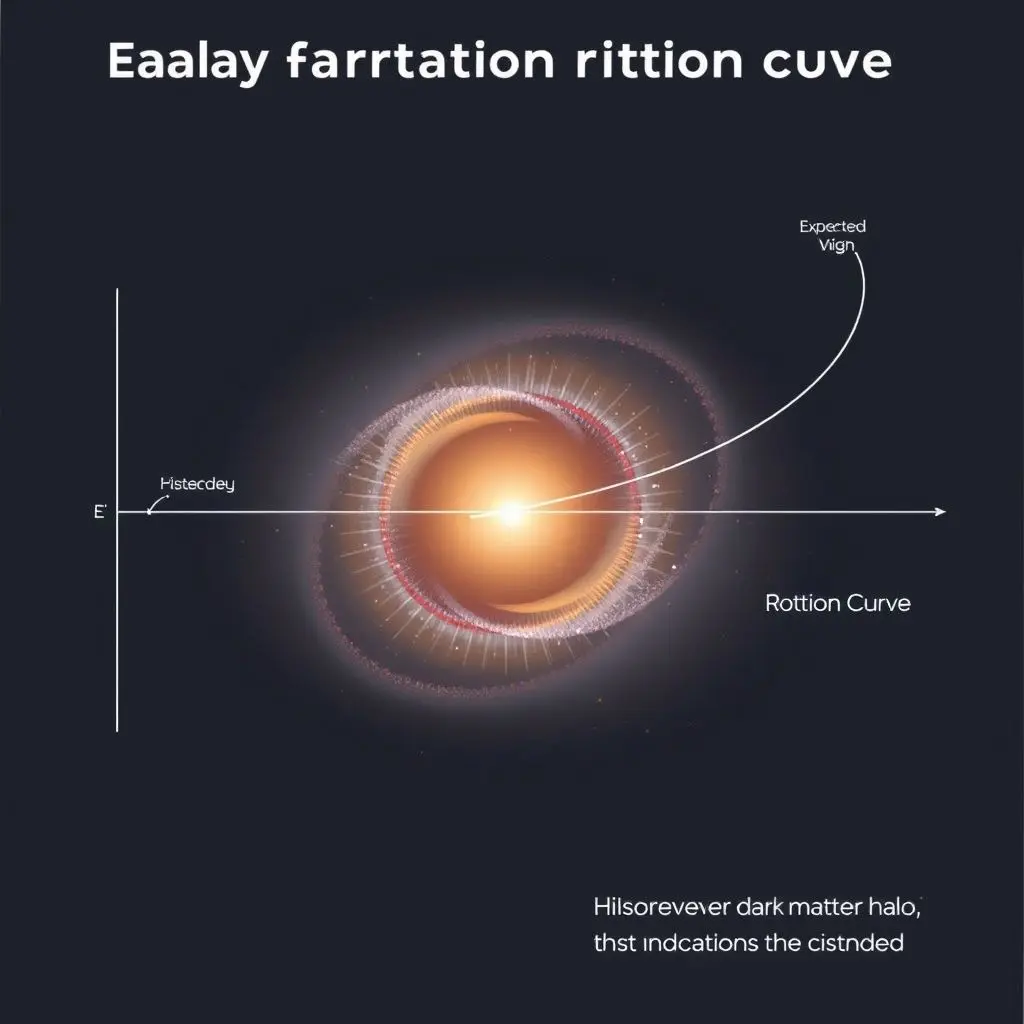 Illustration showing a galaxy's rotation curve, with expected velocity decreasing with distance and observed velocity remaining high due to the presence of a dark matter halo.