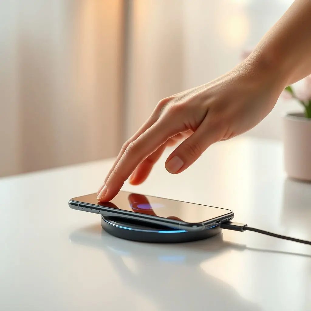 Illustration showing a hand gently placing a phone on a charger, symbolizing careful and proper battery care.