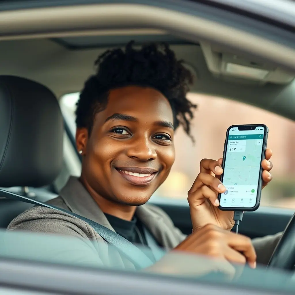 Person smiling while driving a car, with a smartphone mount visible on the dashboard, representing a ride-share driver.