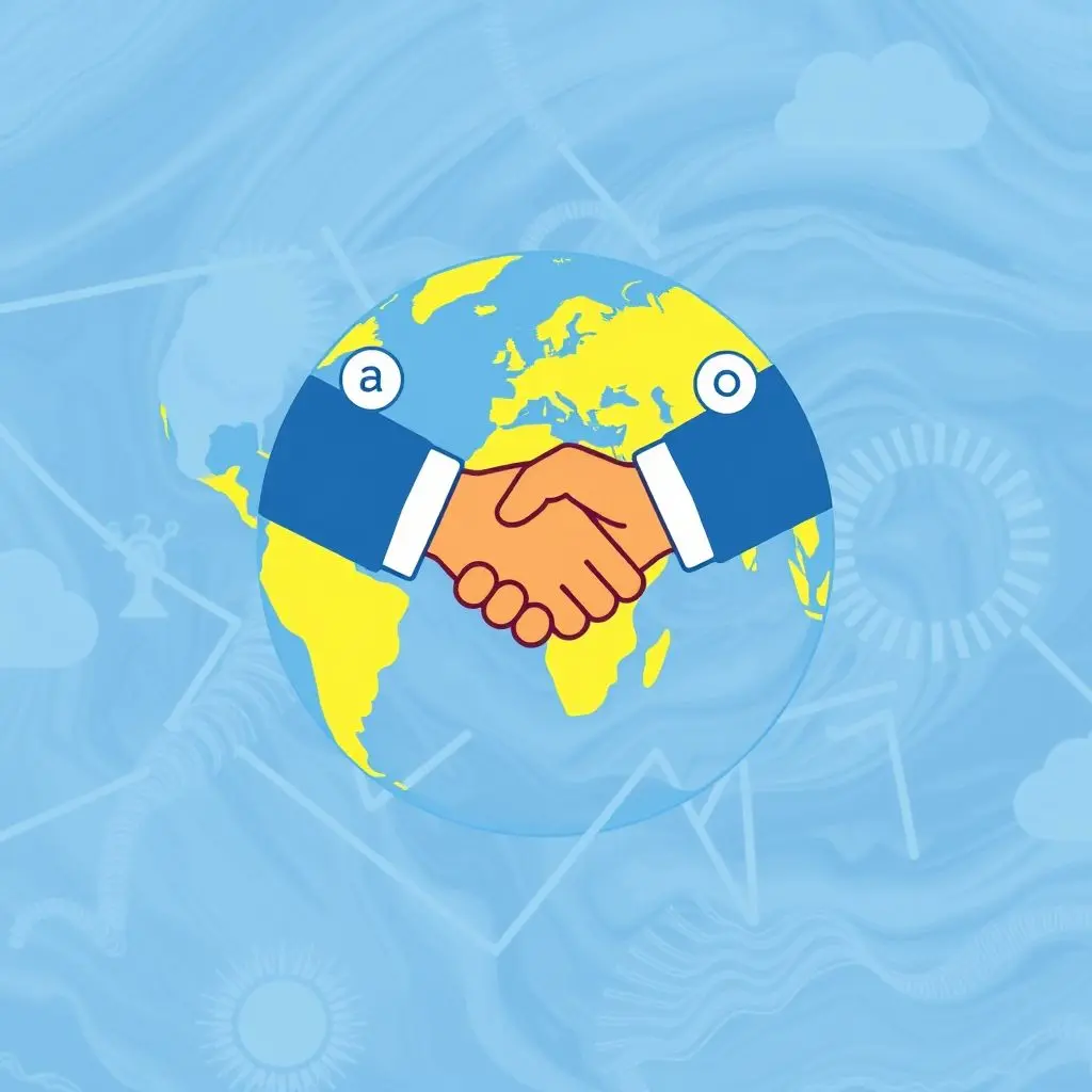Stylized globe with handshake symbol over a weather map