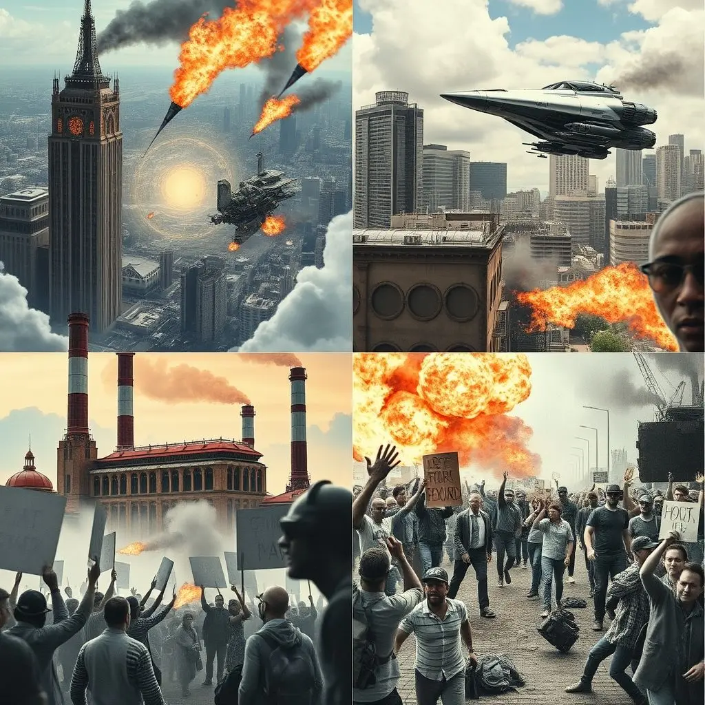 Collage showing scenes of rapid technological advancement, economic disruption, and societal change triggered by alien tech discovery