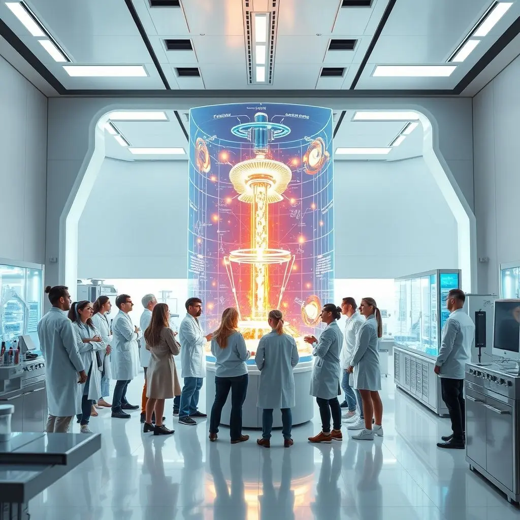 Diverse team of scientists collaborating around a holographic display of fusion data.