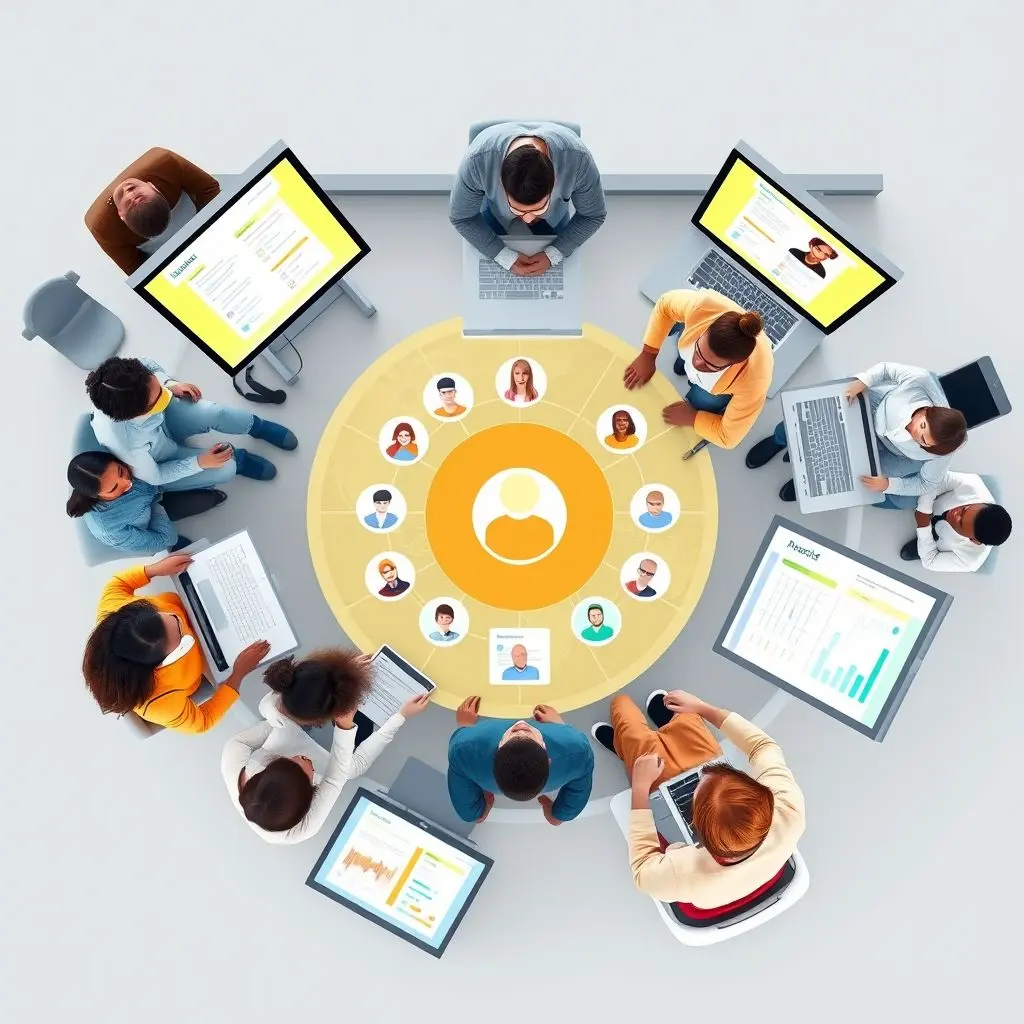 Bird's-eye view of a diverse global team collaborating via a central digital interface with multiple screens.