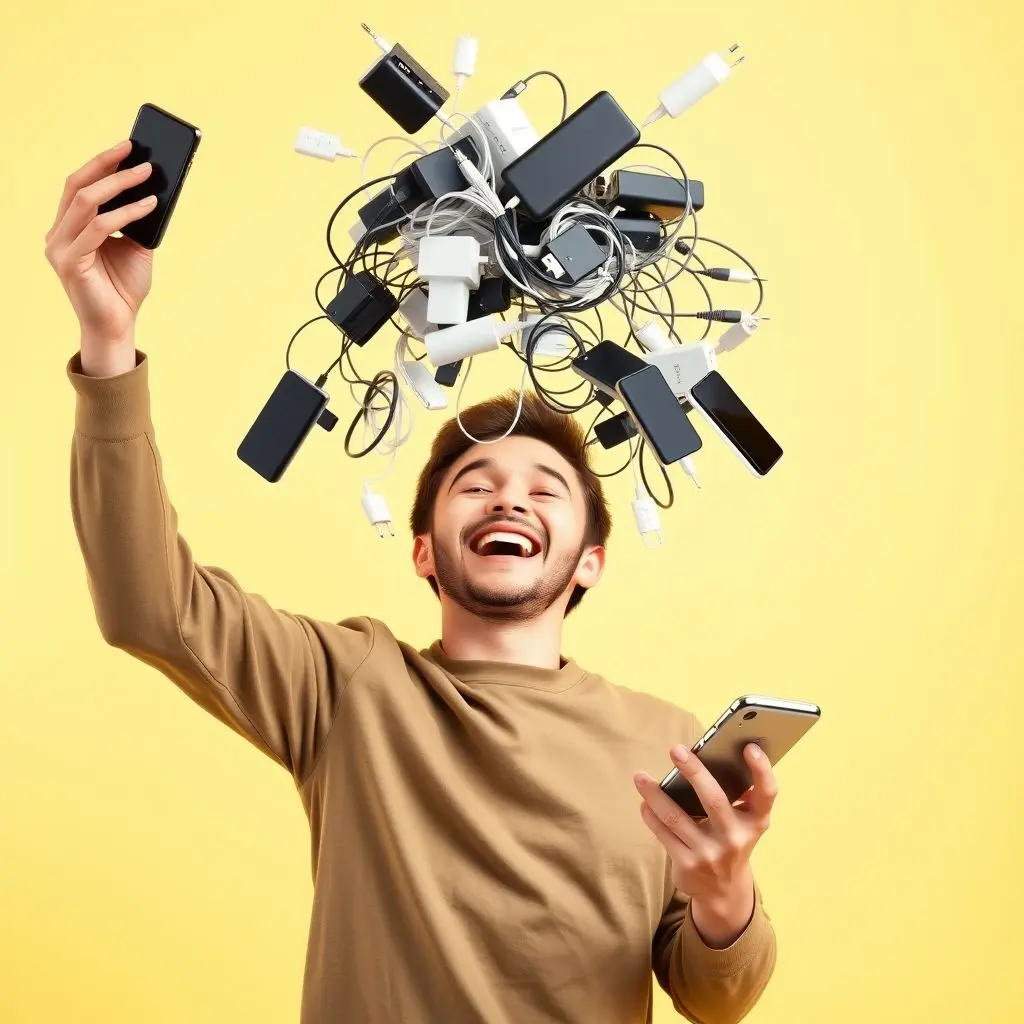 Person joyfully tossing chargers in the air, symbolizing freedom from battery anxiety.