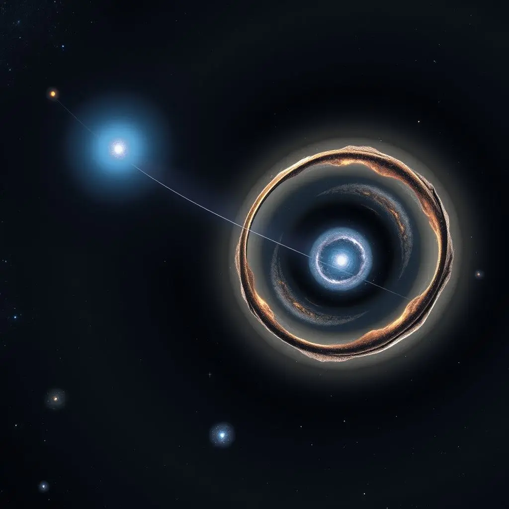 Illustration of gravitational lensing, showing light from a distant galaxy being bent around a massive foreground object (galaxy cluster with dark matter) creating distorted or multiple images.