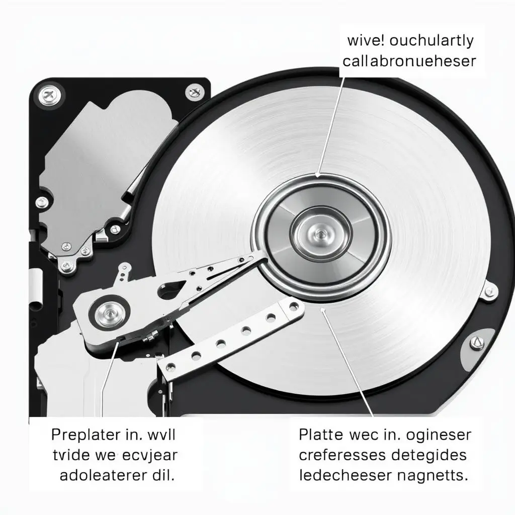 Diagram showing the internal components of a hard drive, highlighting the platters, read/write head, and the voice coil actuator with its internal magnets.