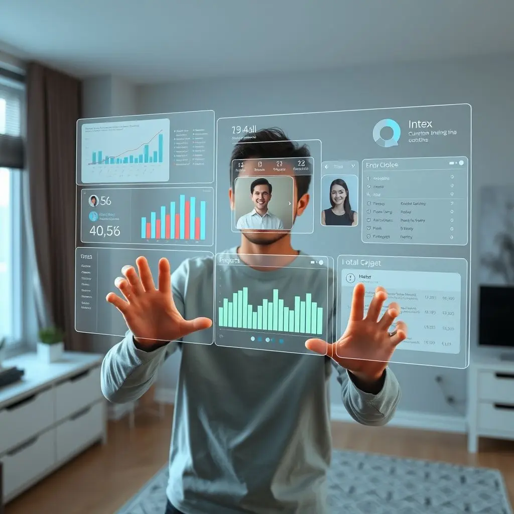 Person interacting with a futuristic holographic interface for remote work, showcasing data and collaboration tools.