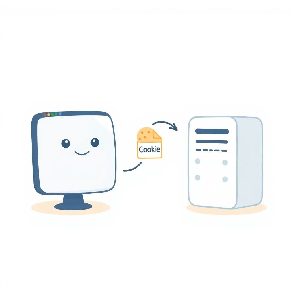 Illustration showing a computer browser exchanging a small text file labelled 'Cookie' with a website server