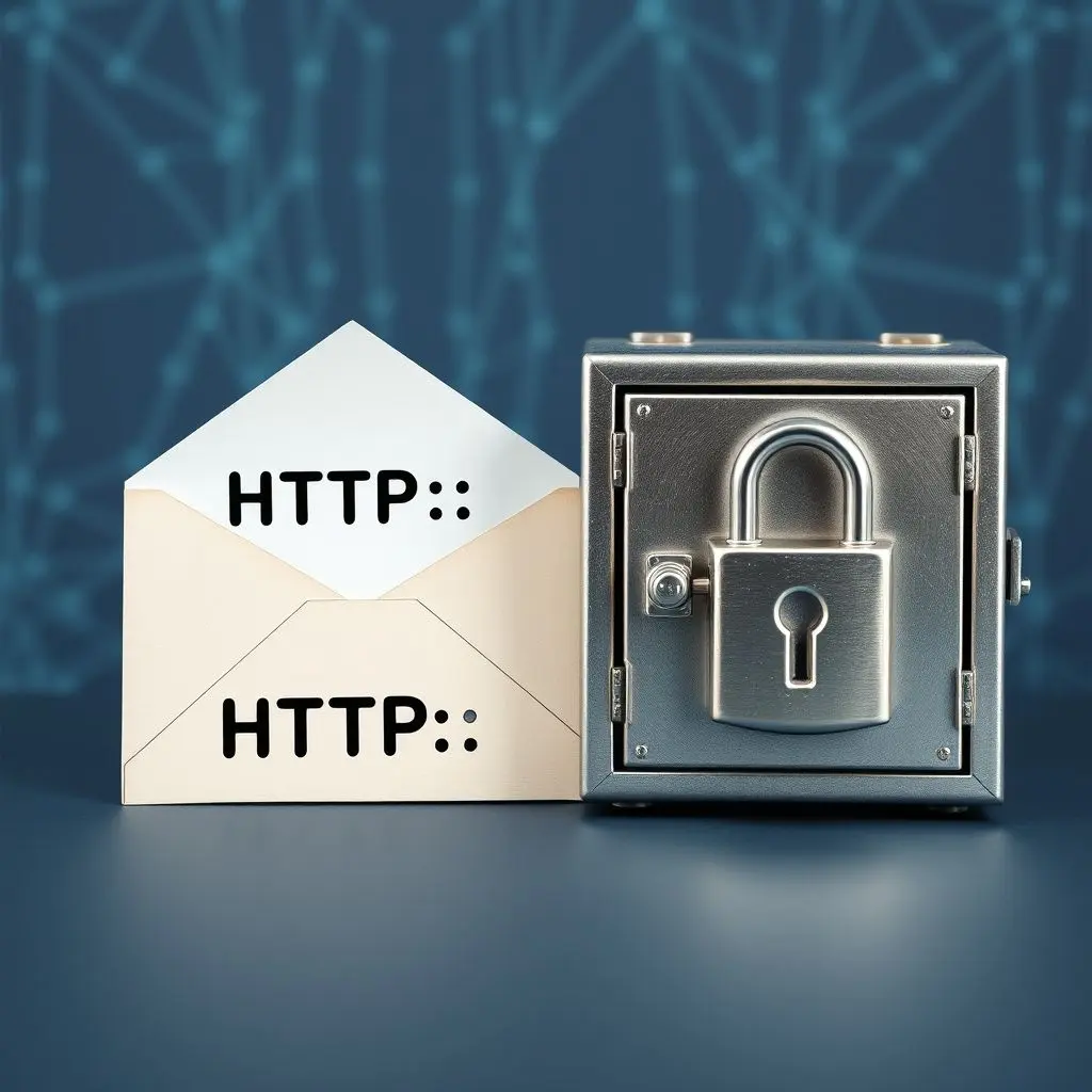 Visual comparison: an open postcard (HTTP) versus a locked strongbox (HTTPS).