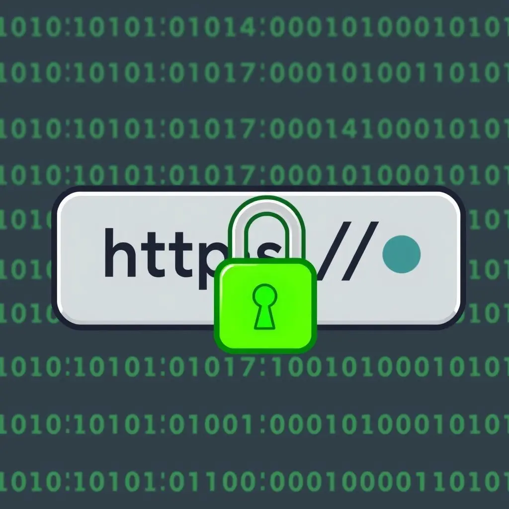 Browser address bar highlighting the HTTPS and a secure lock icon, with data shown as encrypted.