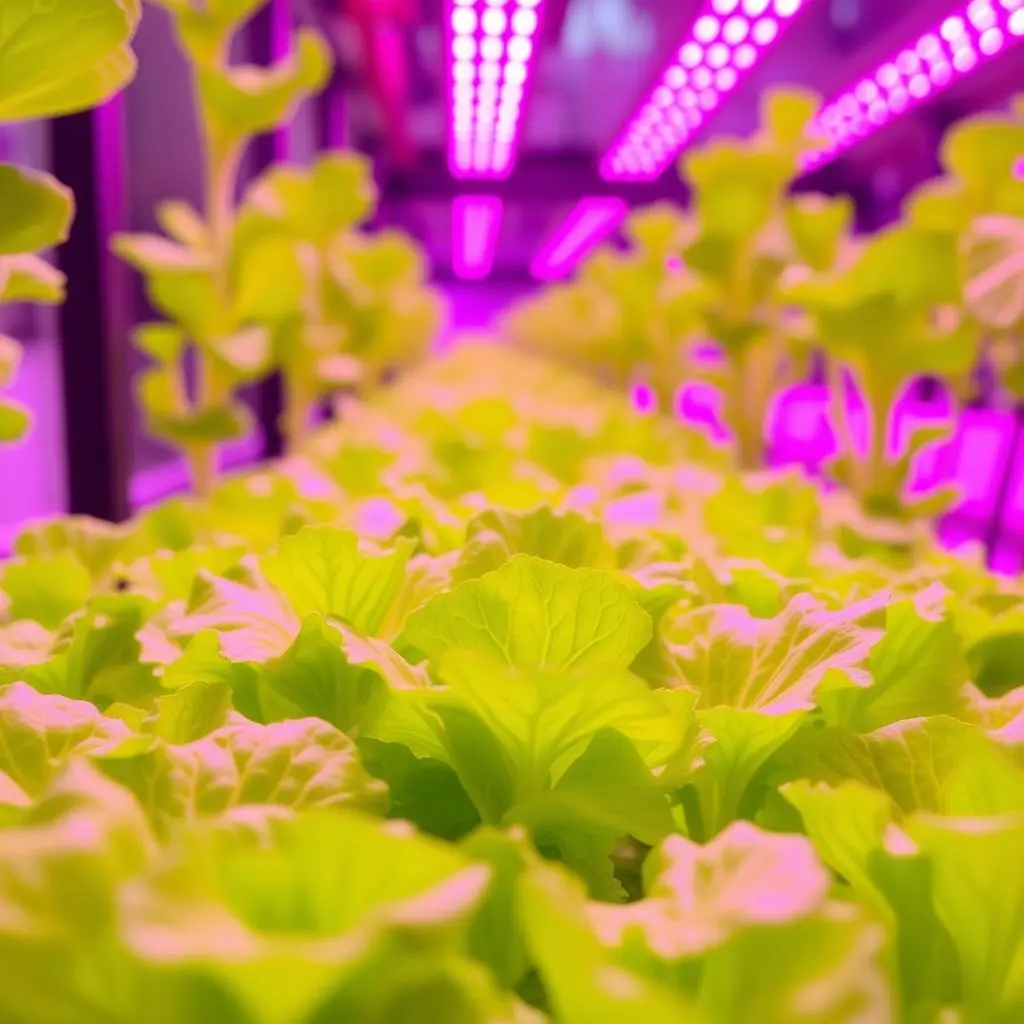 Close up of bright green lettuce growing under pink/purple LED lights in a hydroponic vertical farm setup.