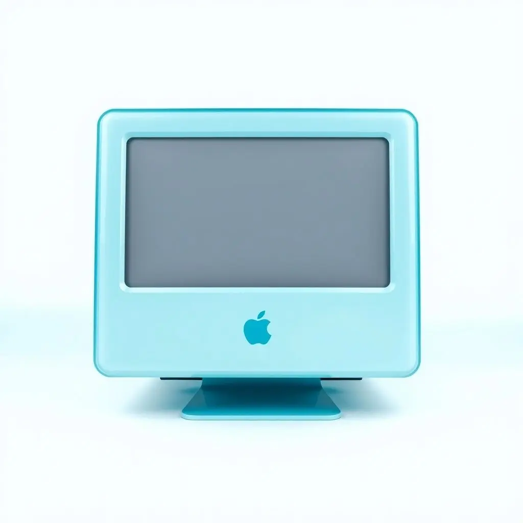 A vibrant image of the original, translucent Bondi blue iMac G3 computer.