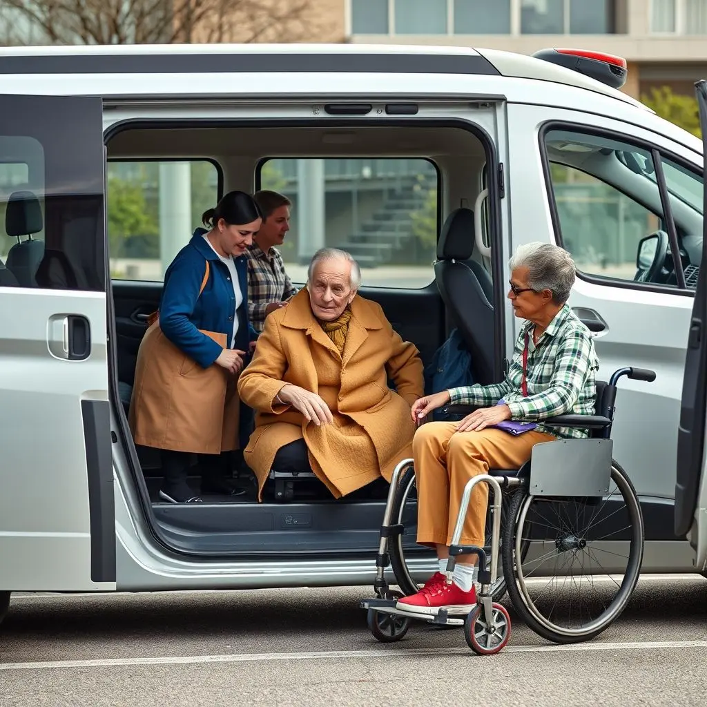 Elderly person and a person in a wheelchair entering a ramped autonomous vehicle