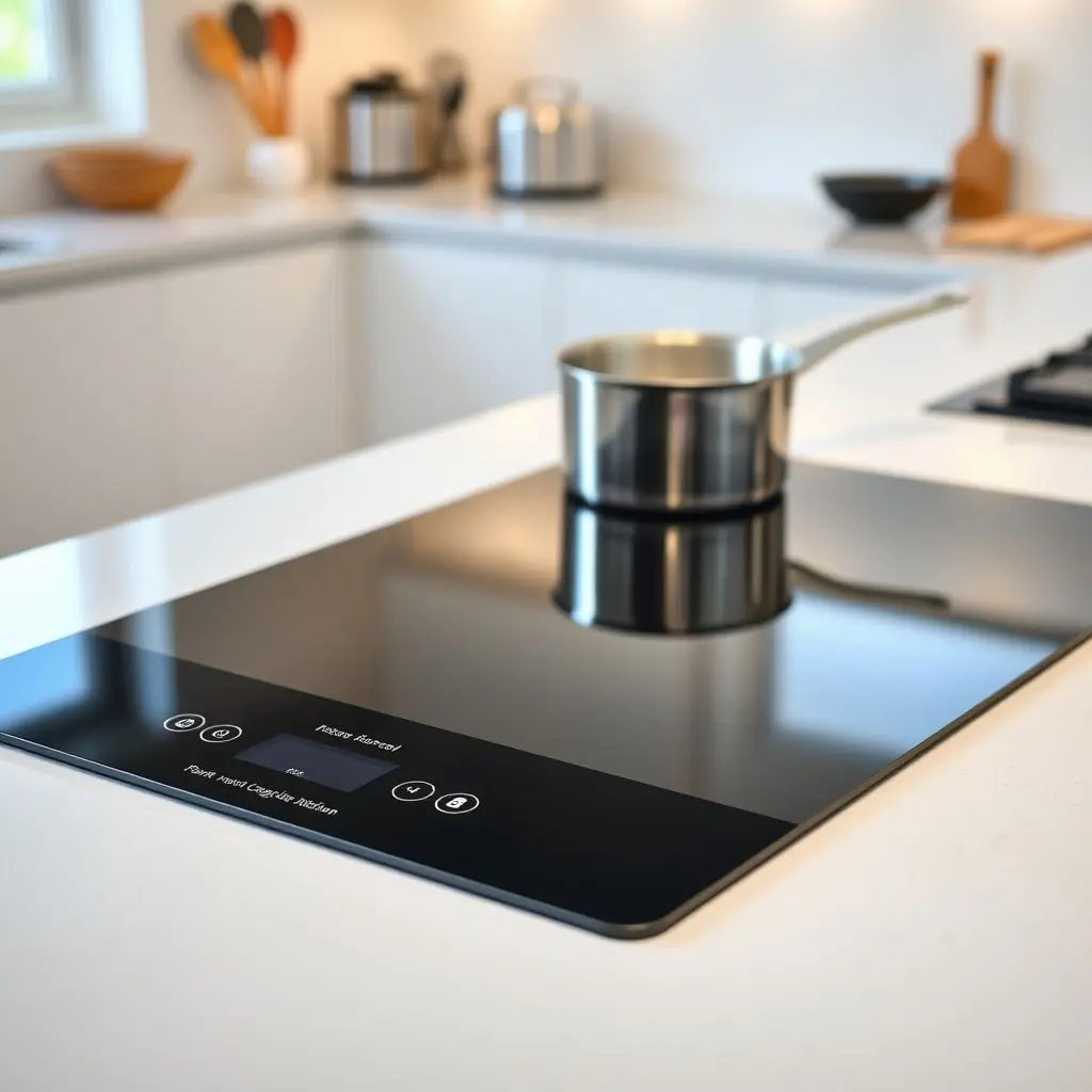 Induction cooktop with a pot simmering on it, showing the sleek glass surface.