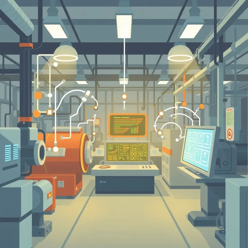 Illustration of a factory floor with connected machinery and data dashboards
