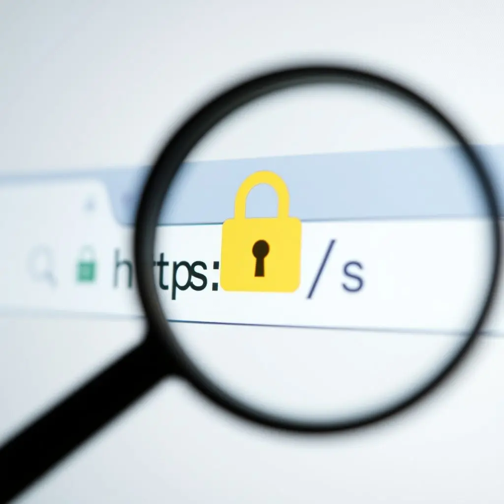 Magnifying glass over a browser's address bar, focusing on the HTTPS lock icon.