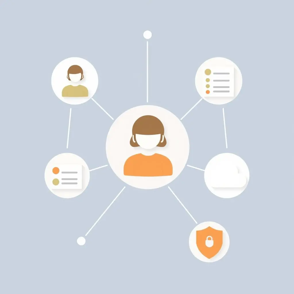Sleek icons representing video calls, chat, project tasks, cloud storage, and security, all interconnected.