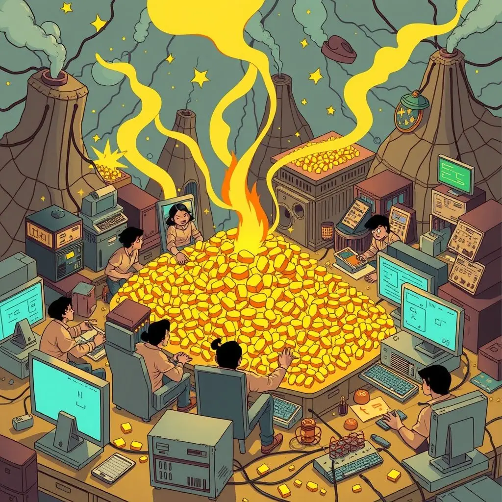 Illustration depicting a digital gold rush with people mining computers and networks instead of gold