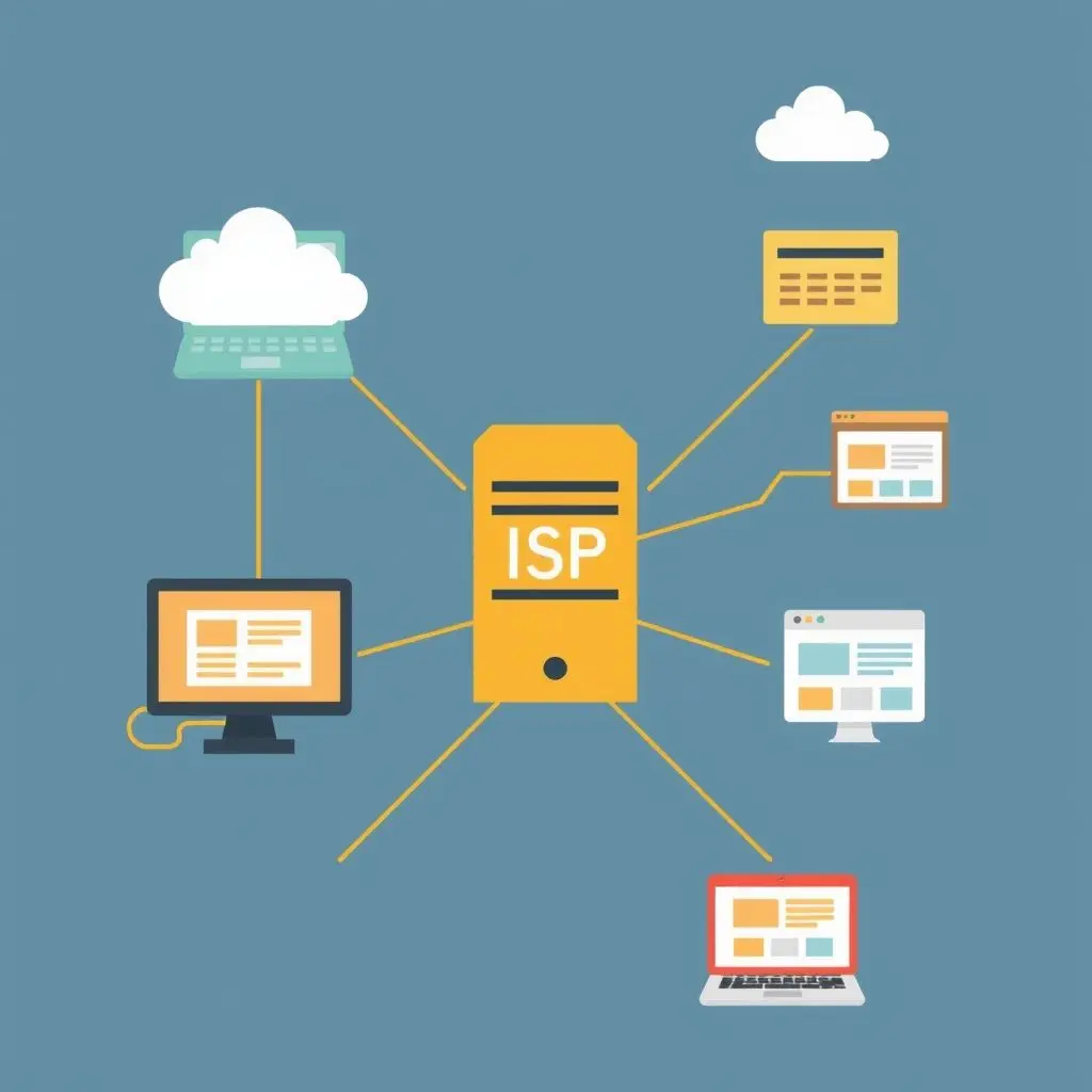 Illustration showing data packets flowing from a home computer through an ISP server and out to the internet