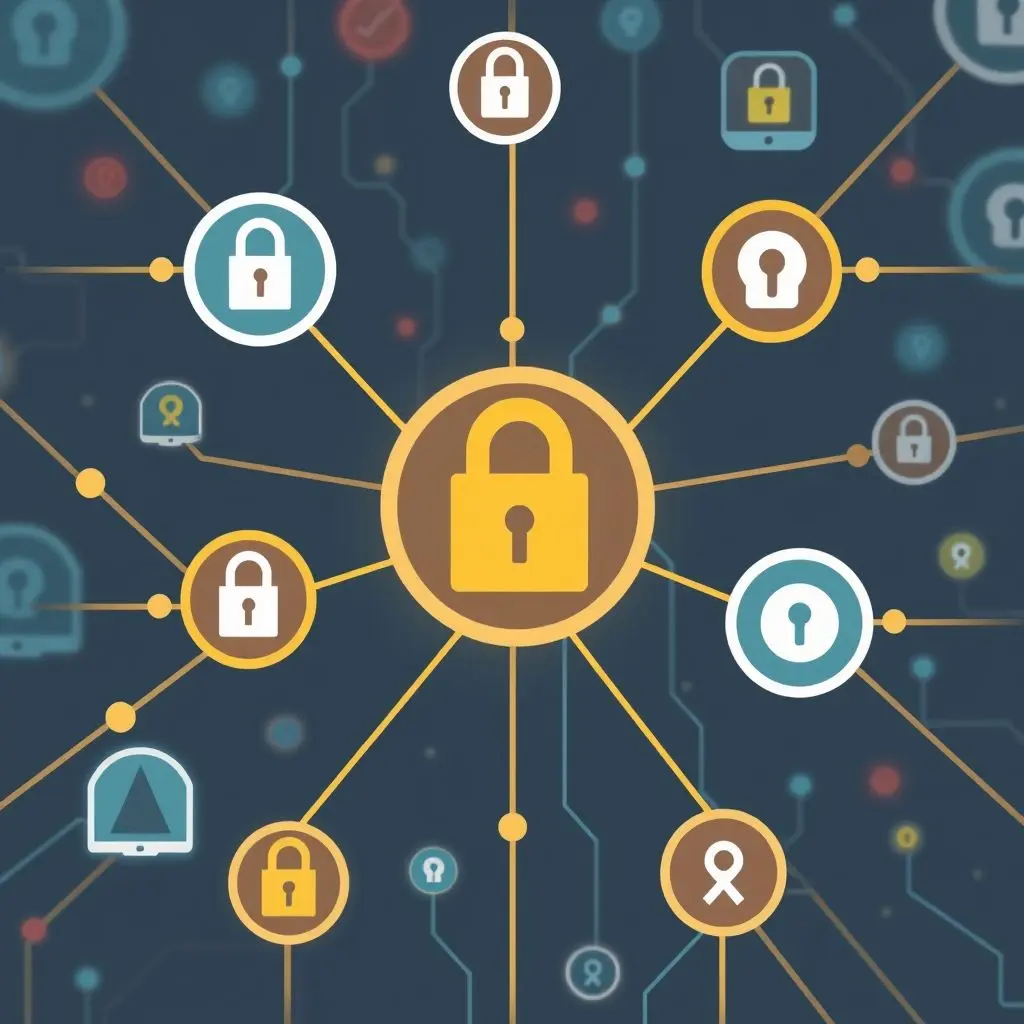Illustration representing security locks and privacy shields over a network of connected devices