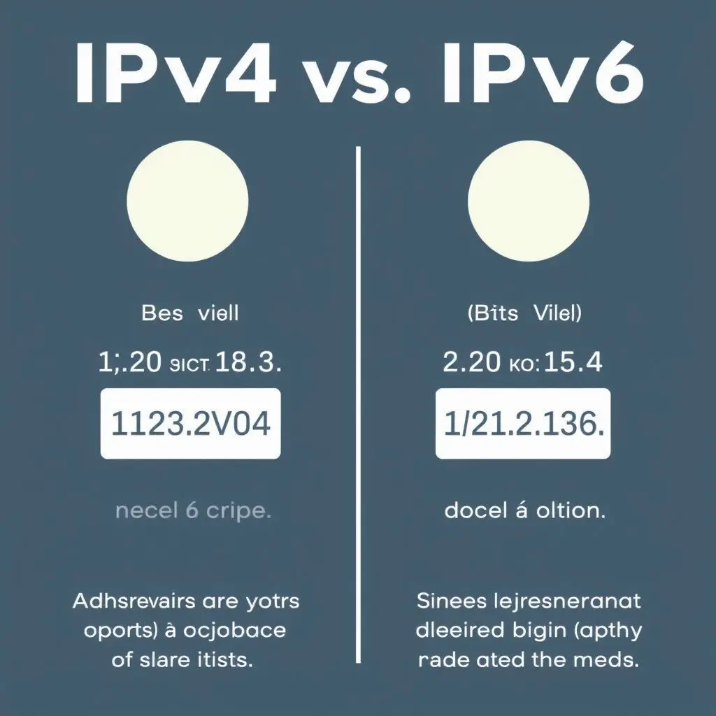 Visual comparison showing the structure of an IPv4 address (four decimal octets) and an IPv6 address (eight hexadecimal quartets).