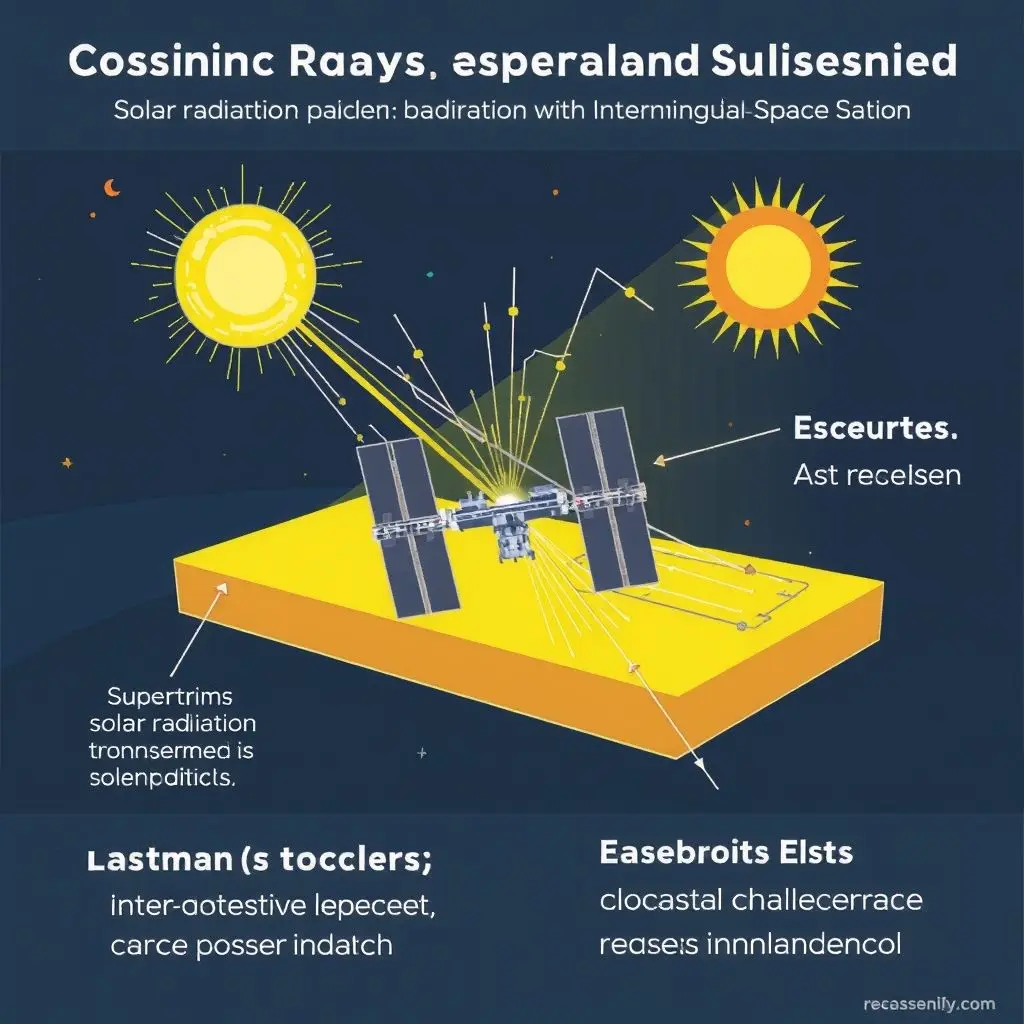 Conceptual illustration of cosmic radiation particles bombarding the International Space Station's modules