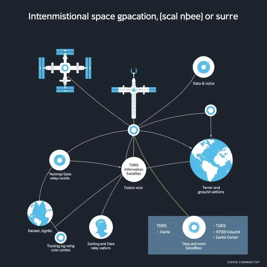 Network diagram showing communication pathways between the ISS, TDRS satellites, and Earth ground stations
