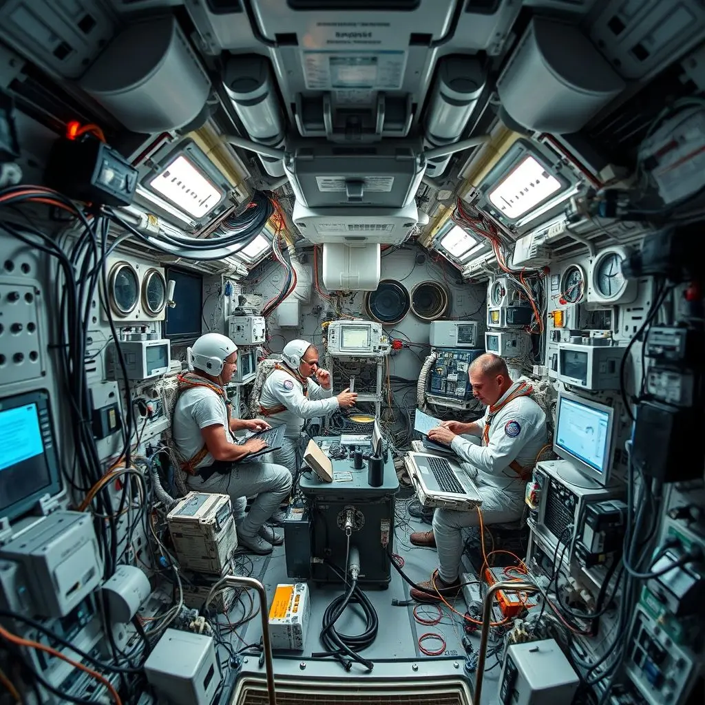 Interior of an ISS module showing astronauts working amidst a complex array of scientific equipment and life support systems