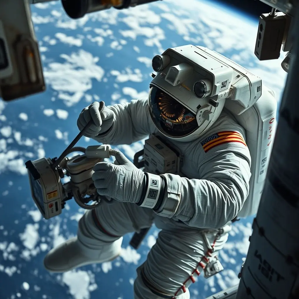 Astronaut performing a challenging external repair on the ISS during a spacewalk, with Earth in the background