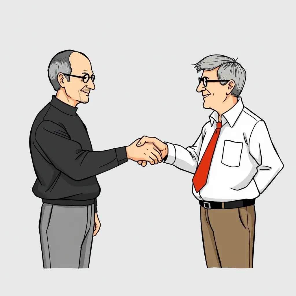 An illustration depicting Steve Jobs and Bill Gates shaking hands across a divide, representing their surprising 1997 partnership.