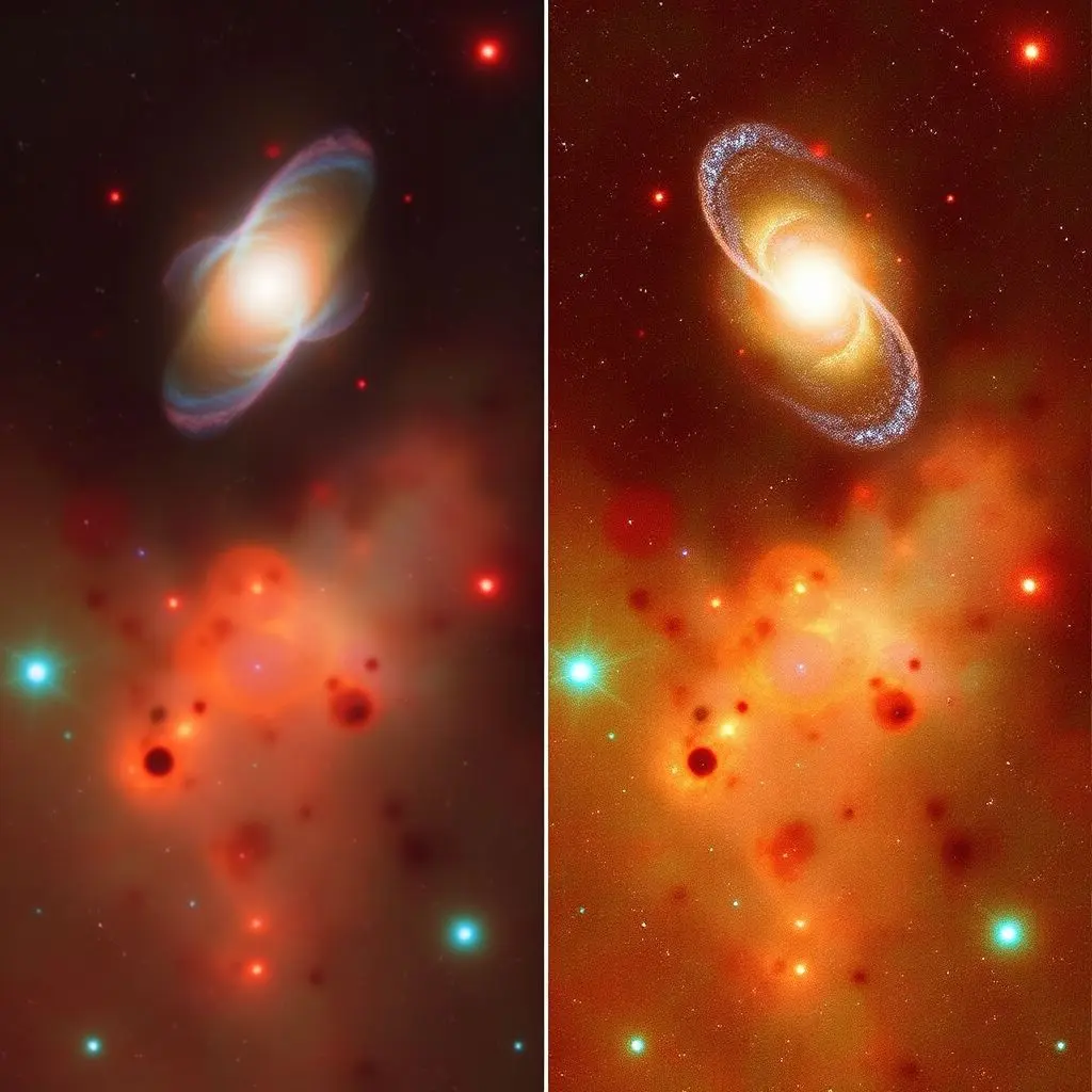 Side-by-side comparison of an astronomical object viewed in visible light and infrared light, highlighting the differences.