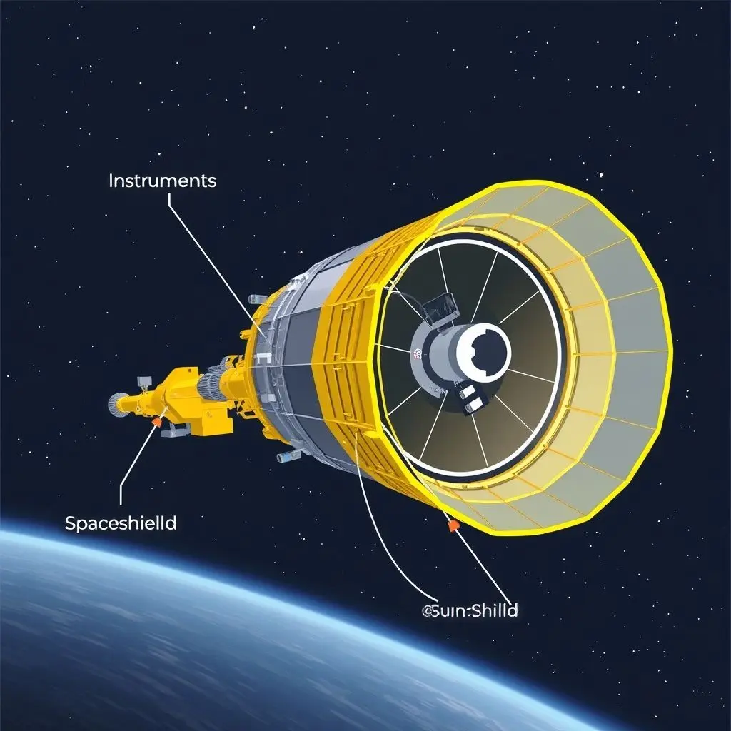 Diagram showing the James Webb Space Telescope with its instruments and large sunshield protecting it from heat.