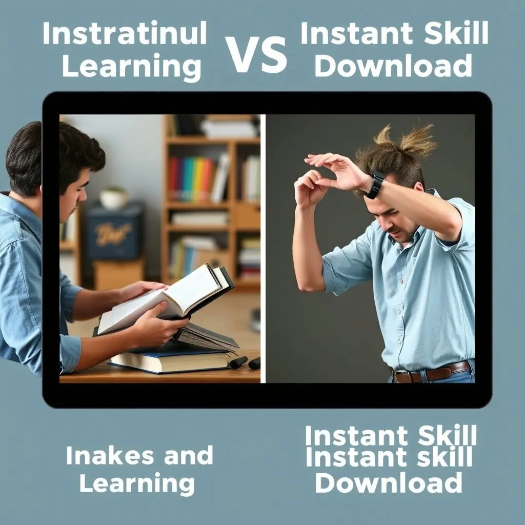 Image showing a split screen, one side with a person studying books and practicing hard, the other side showing the same person performing a complex skill effortlessly, representing the contrast between traditional learning and instant skill download.