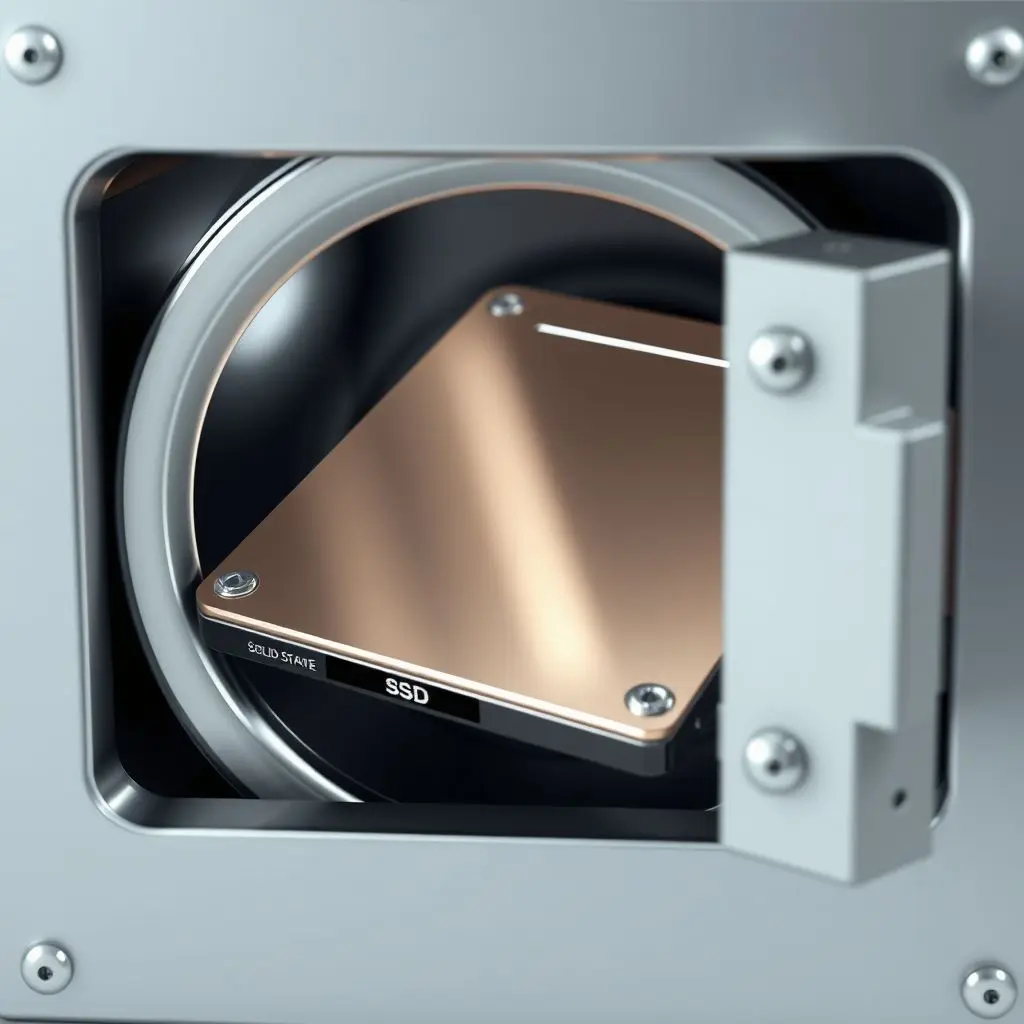 A modern SSD resting securely inside a stylized open vault, representing secure and fast local storage.