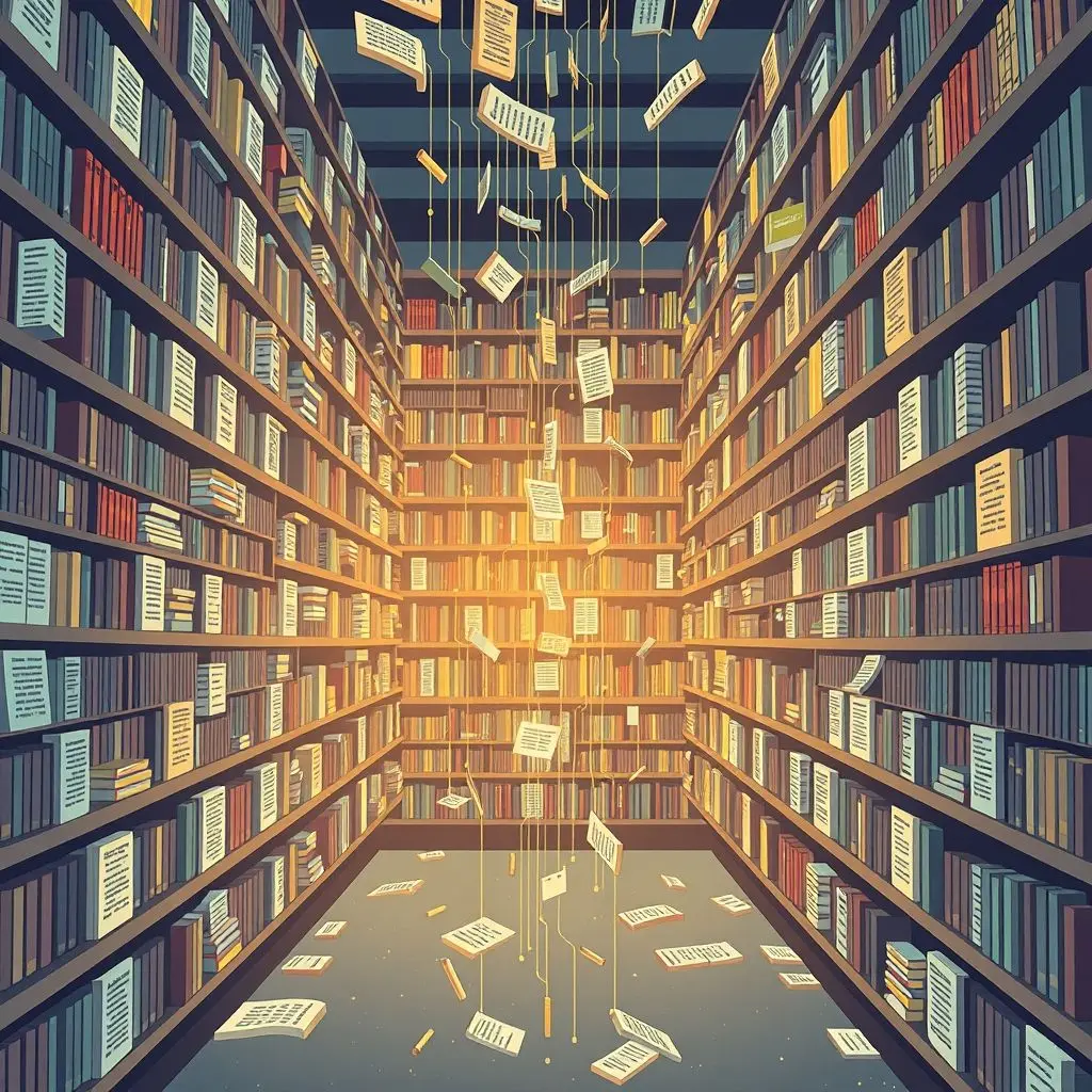 Illustration of a massive digital library representing the vast amount of data used to train AI writing assistants.