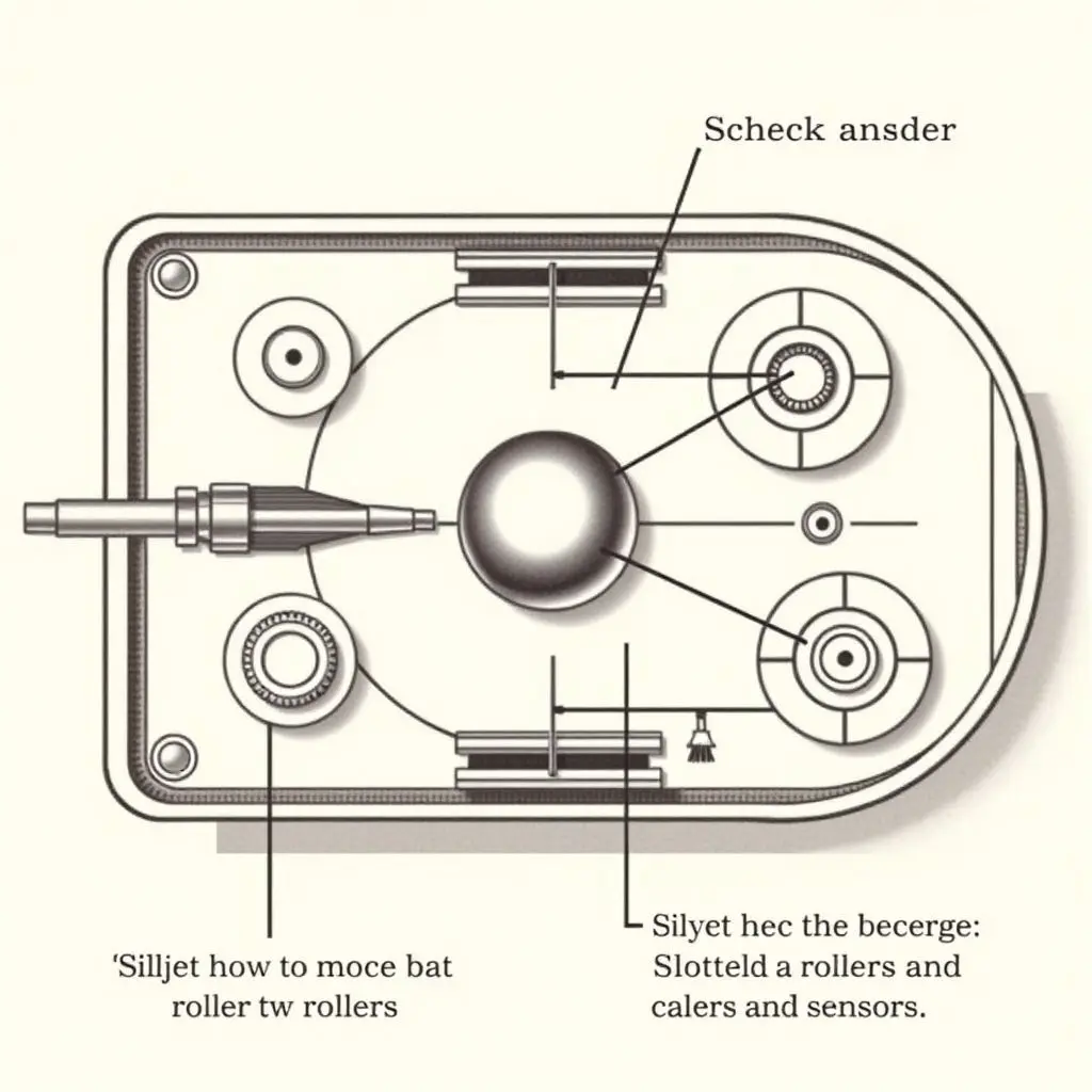 Diagram showing the internal components of a mechanical ball mouse, including the ball, rollers, and optical encoders.