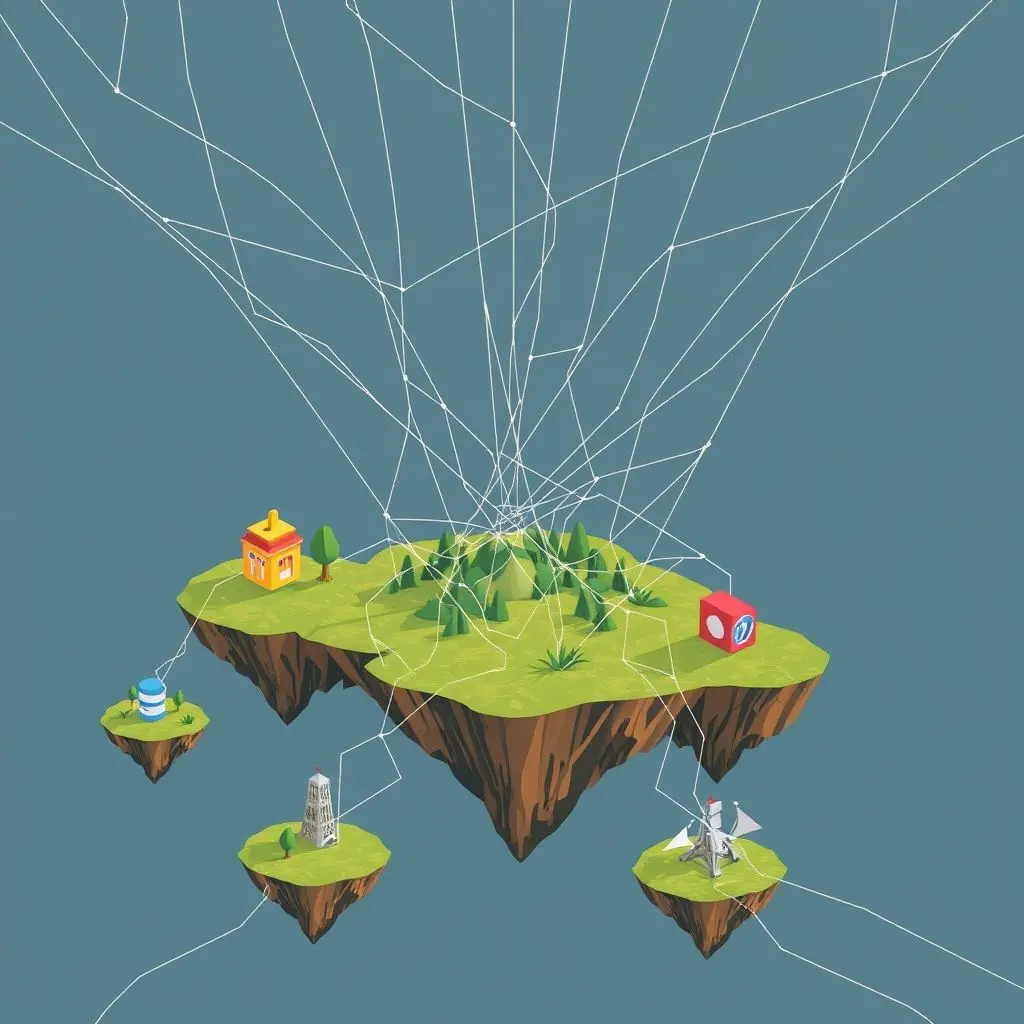 Complex network lines connecting disparate islands representing virtual platforms, symbolizing the challenge of interoperability.