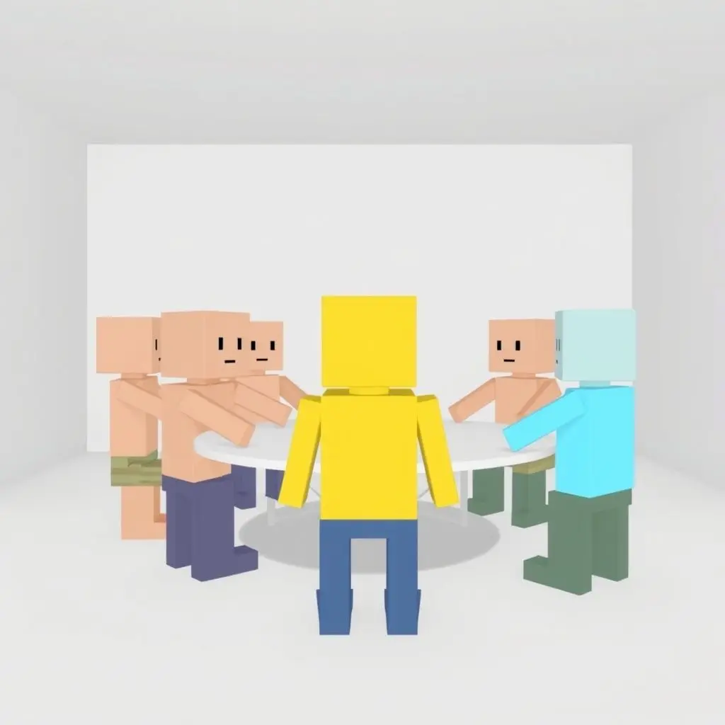 Simple, blocky avatars interacting in a basic virtual meeting room, representing the current metaverse state.