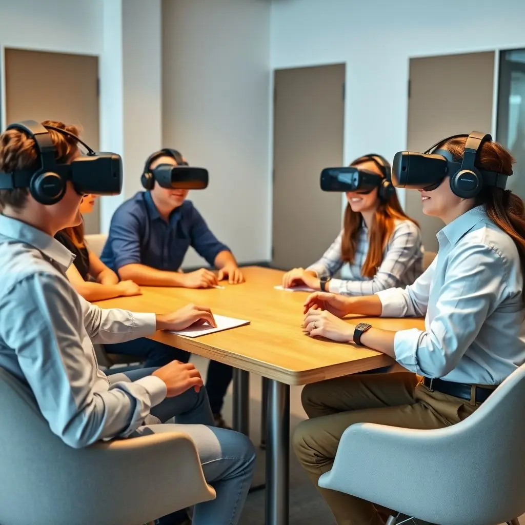 People wearing VR headsets collaborating in a virtual meeting room, illustrating current practical metaverse applications.