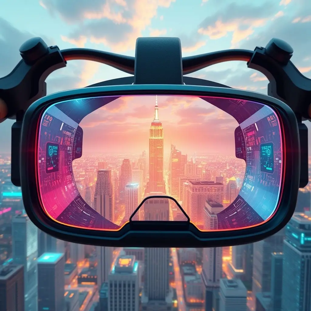 Futuristic cityscape in a vibrant virtual reality headset, symbolizing the grand metaverse vision.