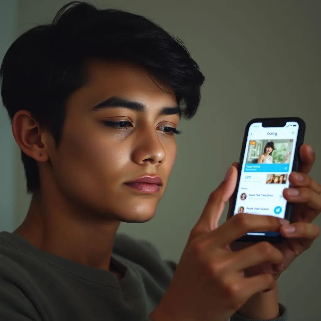 A person thoughtfully looking at their phone screen displaying a dating app, with a serene, mindful expression.