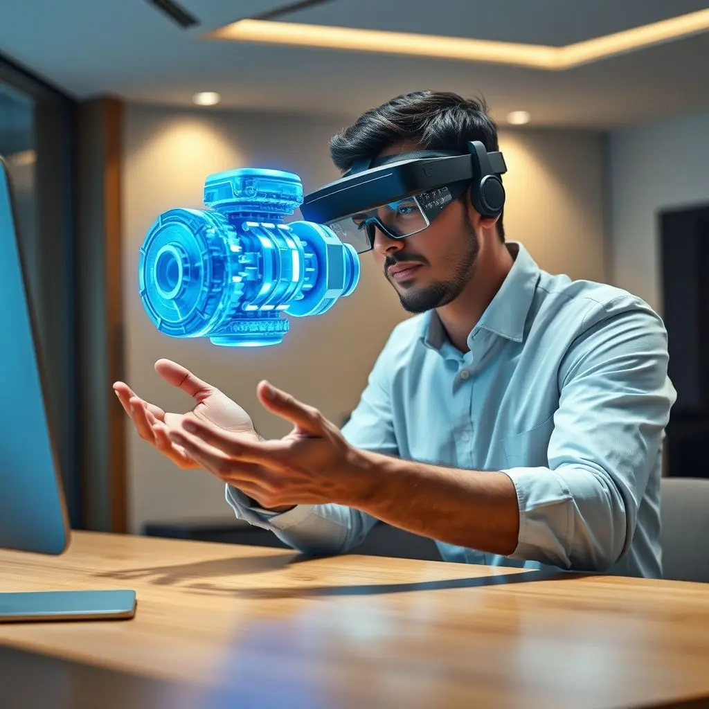 Engineer wearing MR glasses interacting with a 3D holographic model of a building on a real desk