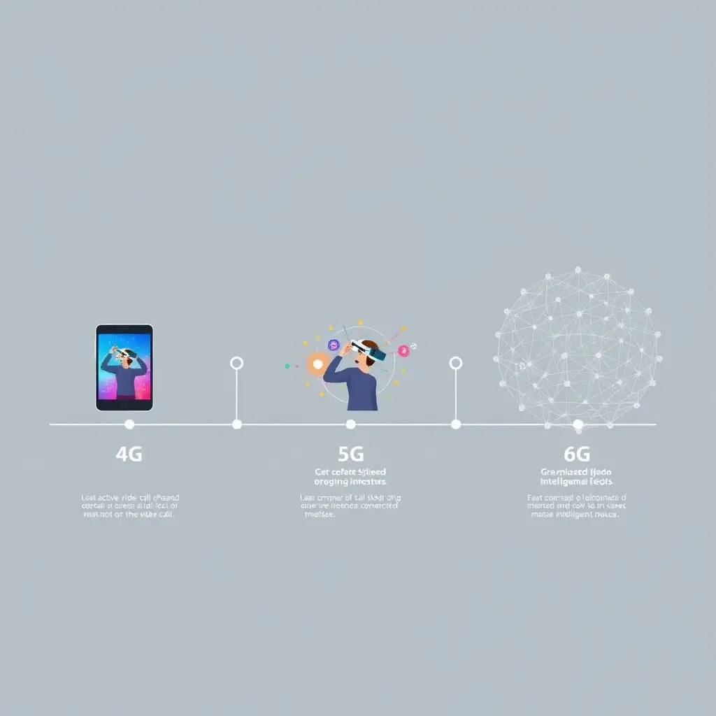 Timeline showing iconic representations of 4G, 5G, and conceptual 6G capabilities.