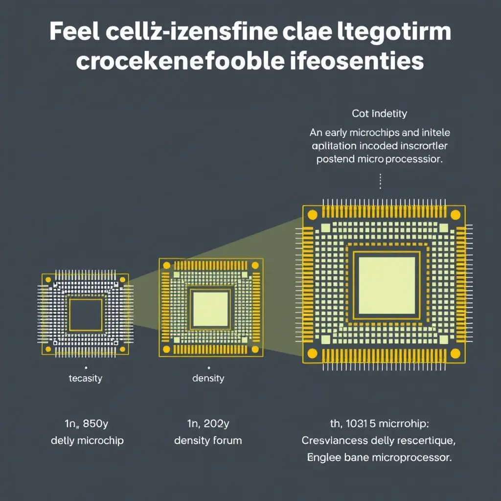 Visual representation showing the increase in complexity and density from an early microchip to a modern, advanced microprocessor.