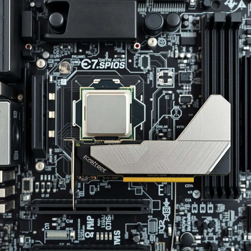 Overhead view of a computer motherboard highlighting the CPU socket and PCIe slot where a graphics card (GPU) would be installed