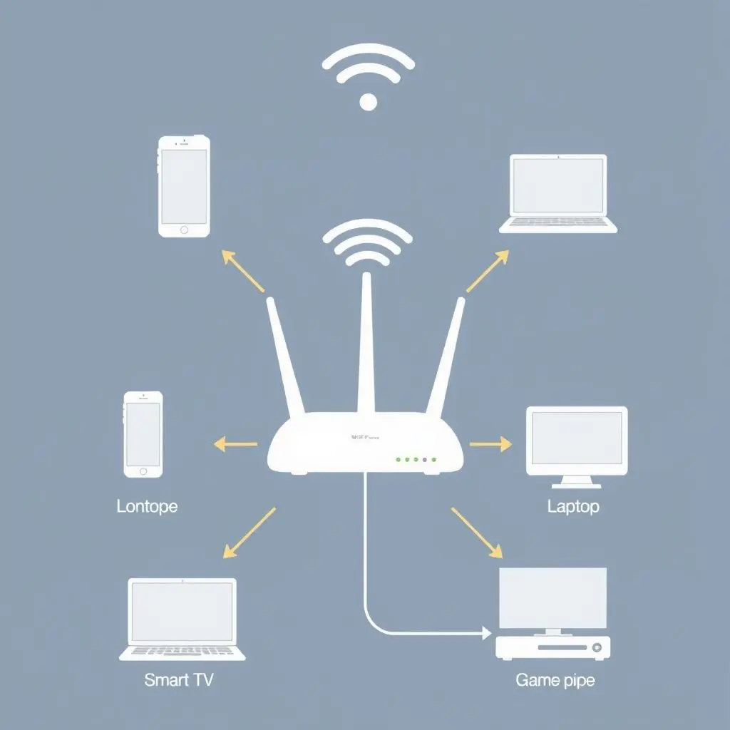 Diagram showing multiple home devices like a phone, laptop, TV, and gaming console sharing the internet bandwidth from a Wi-Fi router.