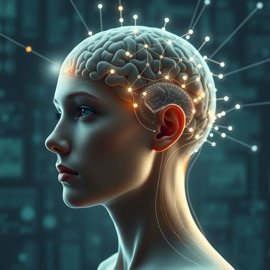 Futuristic depiction of a person with a subtle, integrated neural interface connecting to a network of information, visualizing the concept of downloading or interacting with external data using the brain.