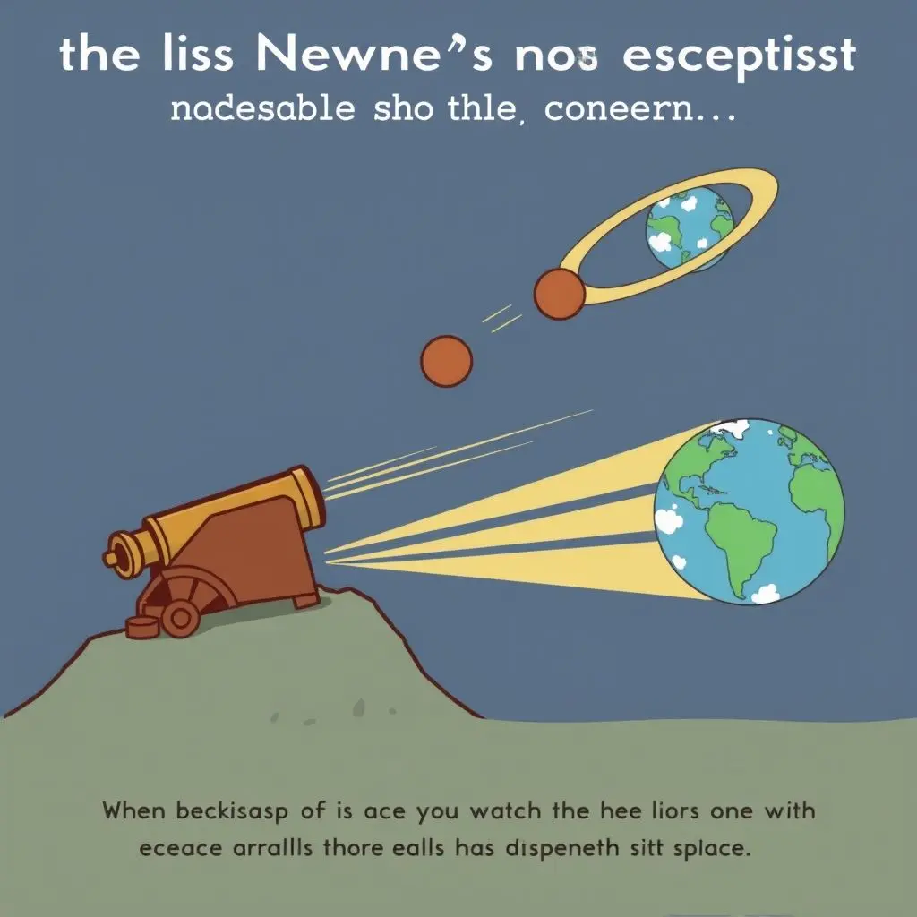Illustration of Newton's Cannonball experiment showing different trajectories based on launch speed.